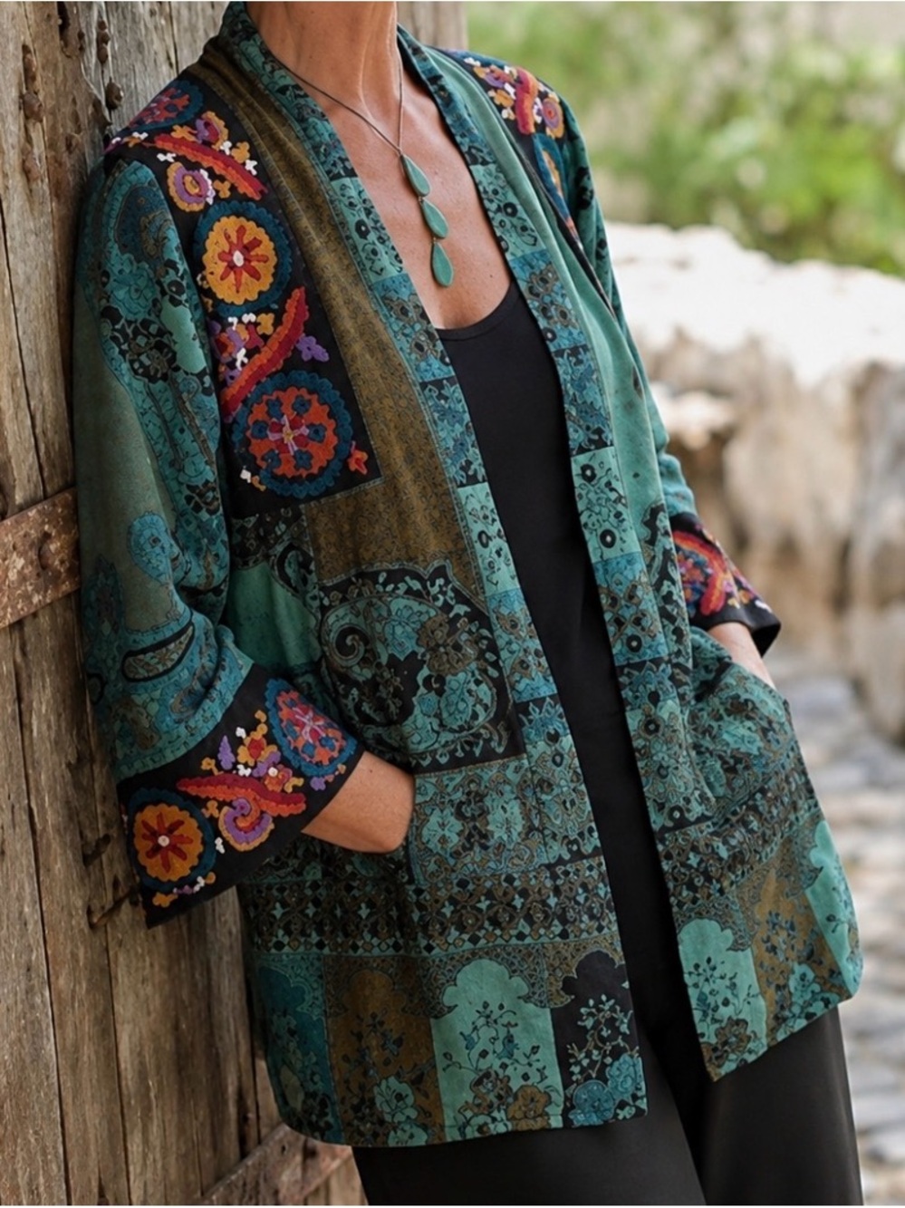 Soft Surroundings Istanbul Rayon & Silk Boho Teal Brocade Embroidered Jacket - M